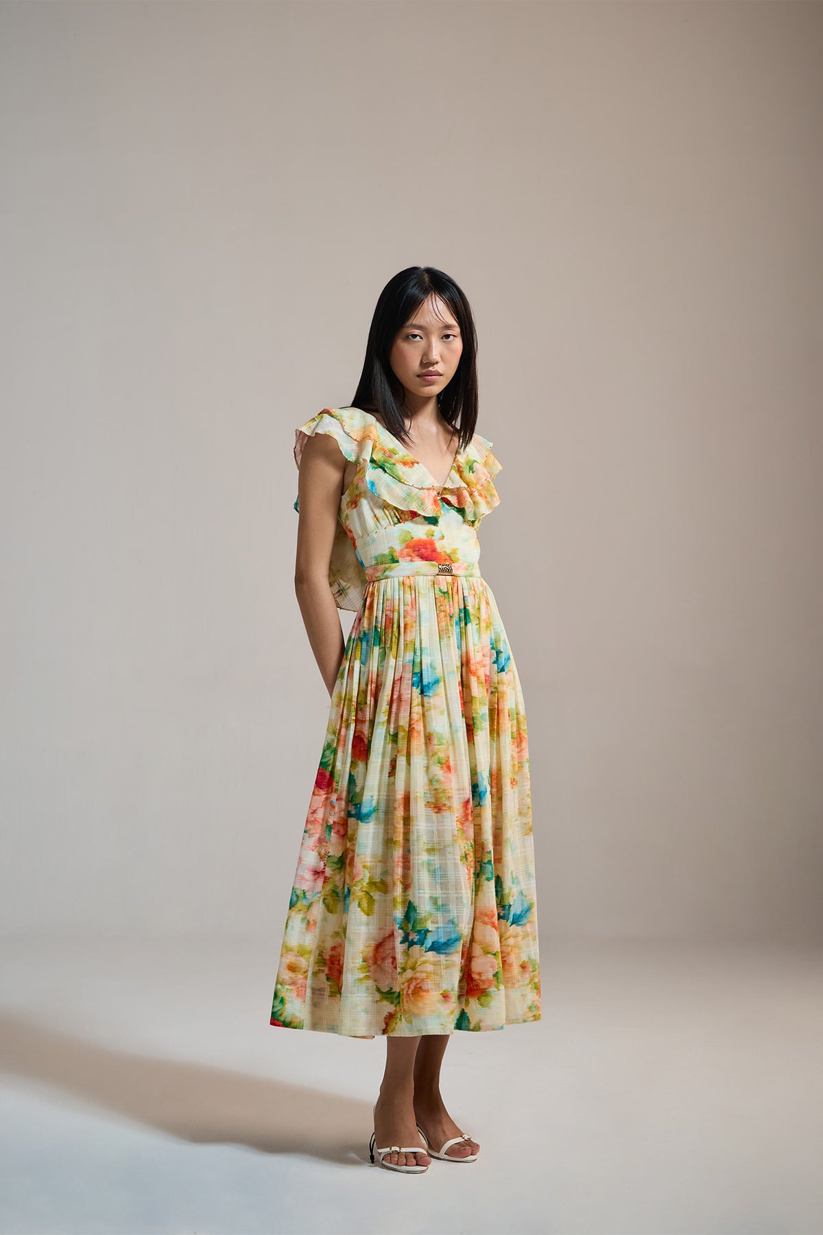 FLORAL RUFFLE-SLEEVE MIDI DRESS