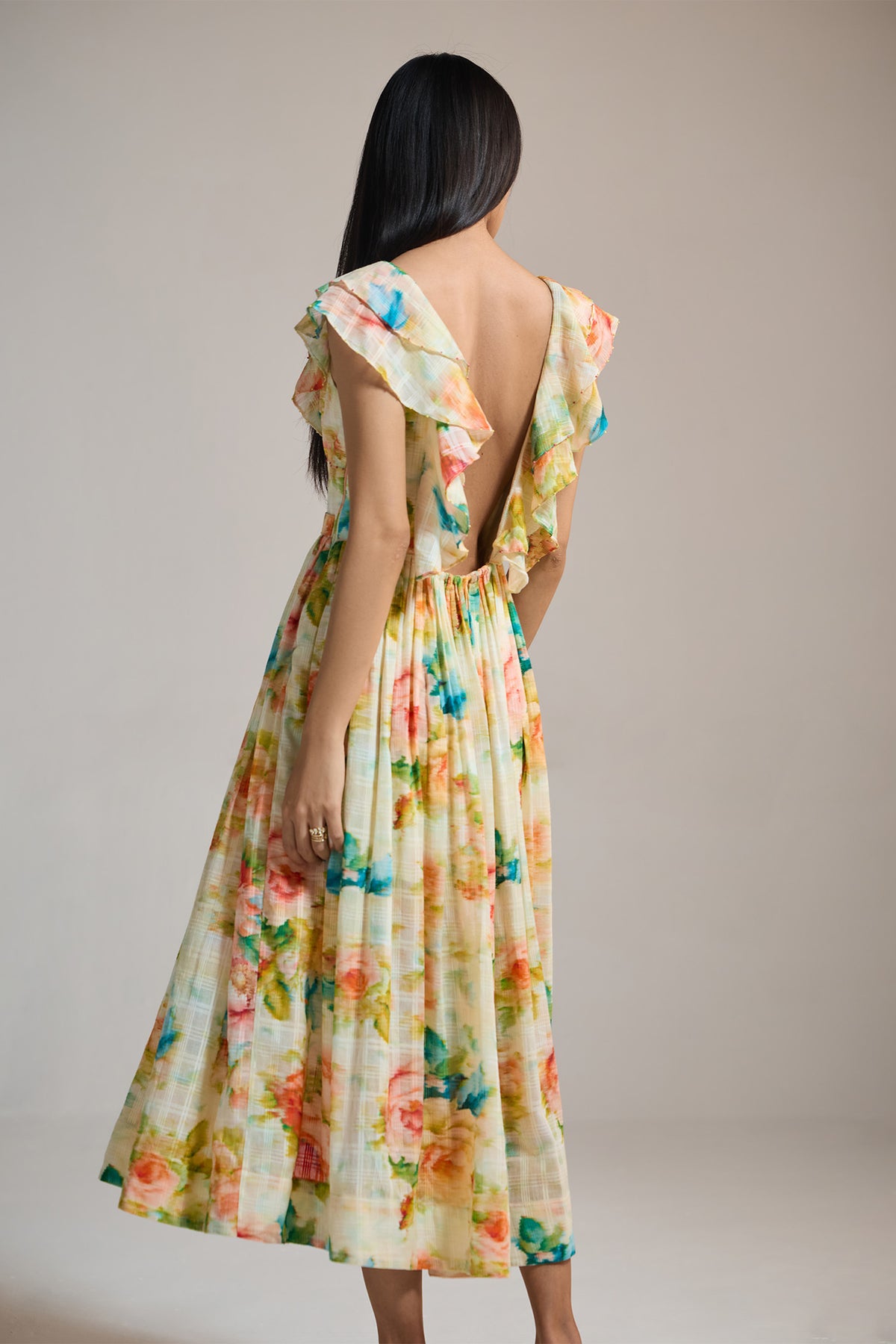 FLORAL RUFFLE-SLEEVE MIDI DRESS
