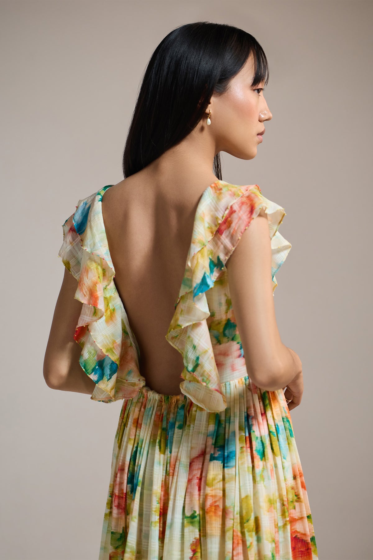 FLORAL RUFFLE-SLEEVE MIDI DRESS