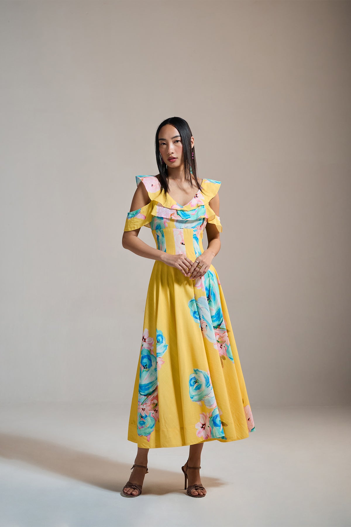 SUNBURST FLORAL COLD-SHOULDER DRESS