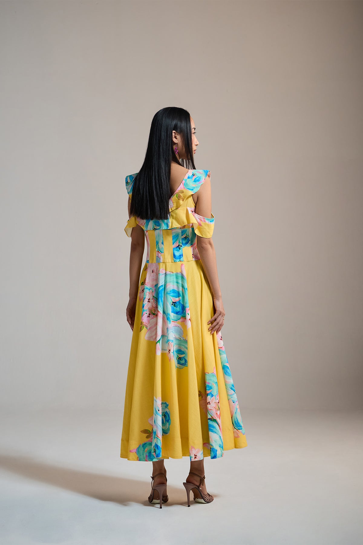 SUNBURST FLORAL COLD-SHOULDER DRESS