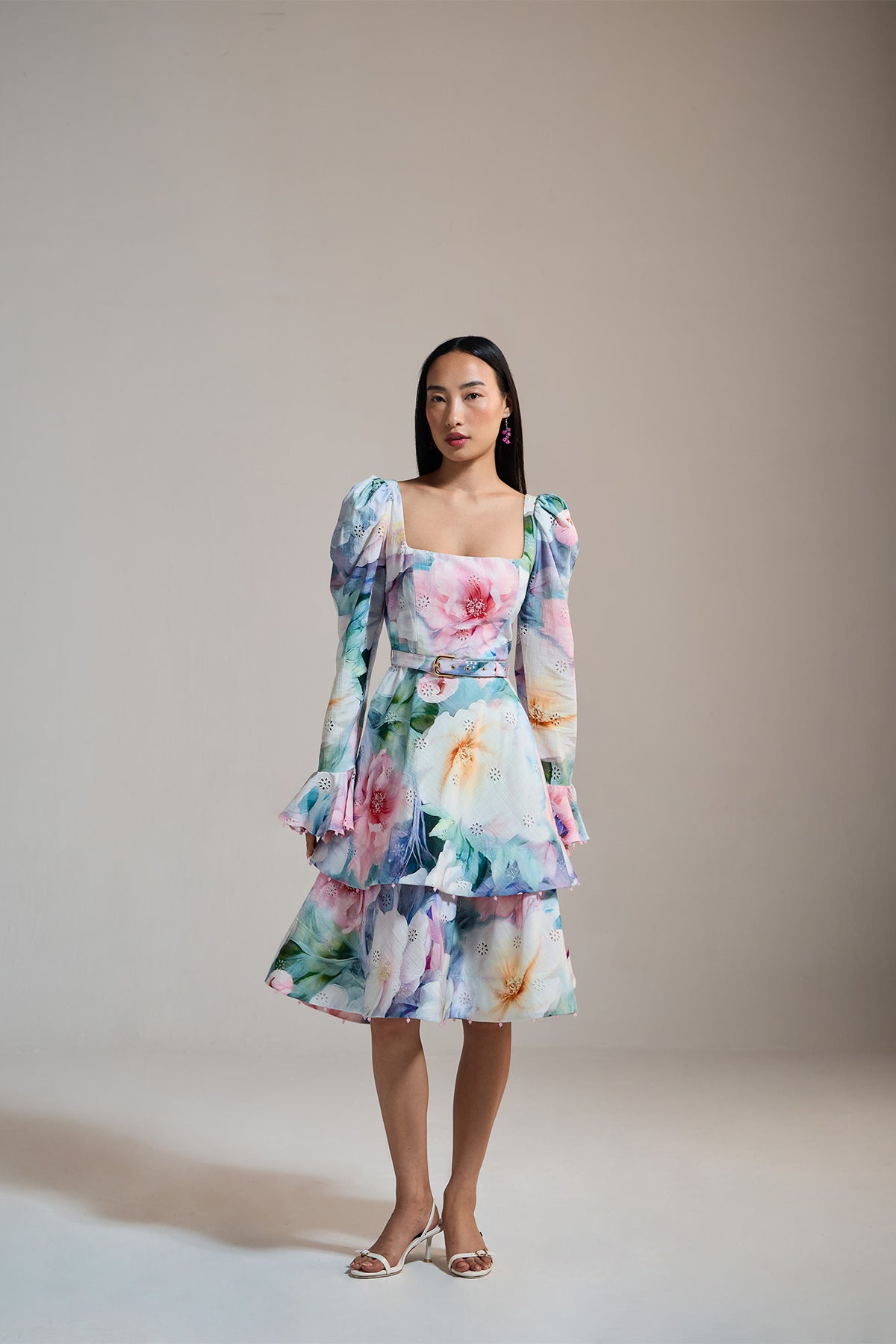 PASTEL BLOOM TIERED MIDI DRESS