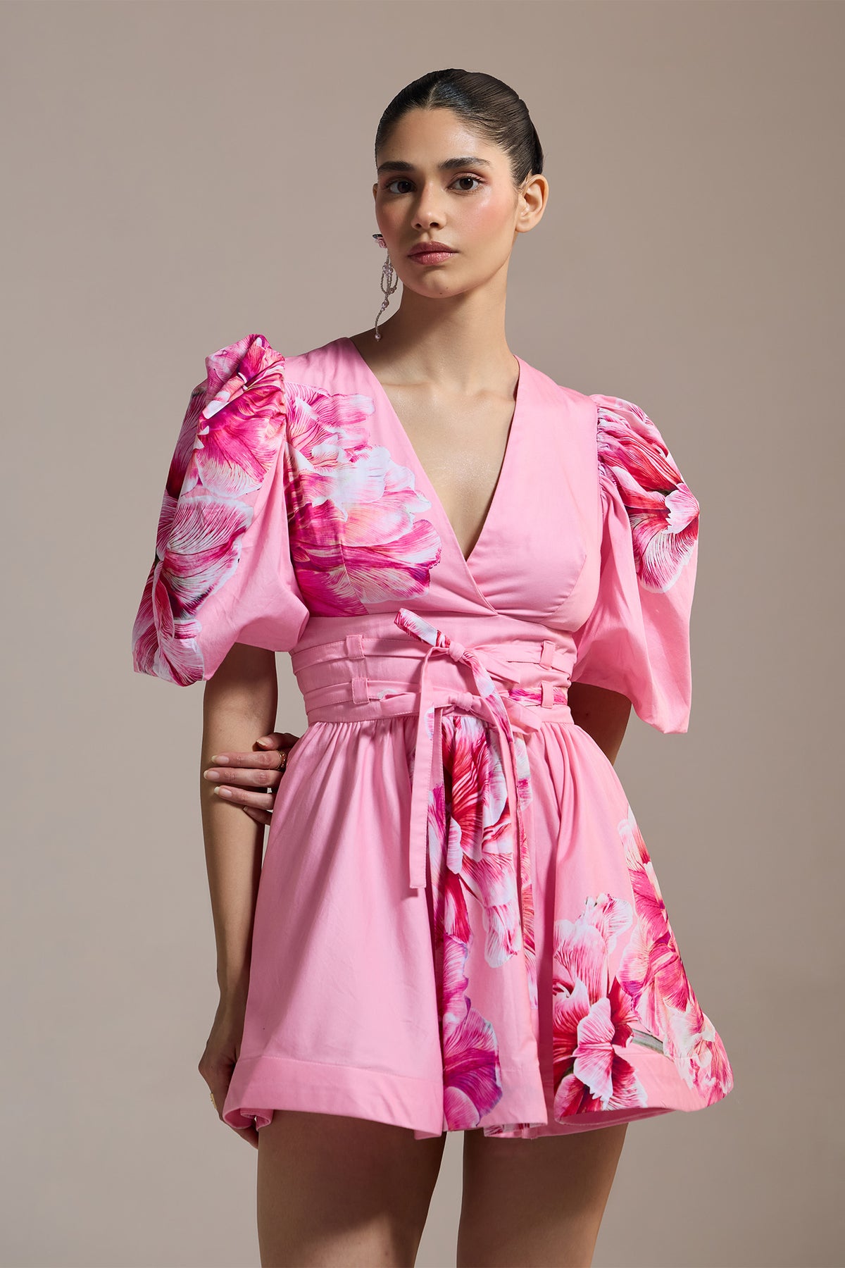 BLUSH BLOOM WRAP MINI DRESS