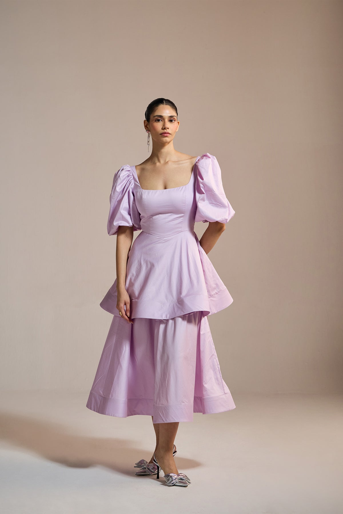 LILAC PEPLUM PUFF-SLEEVE DRESS