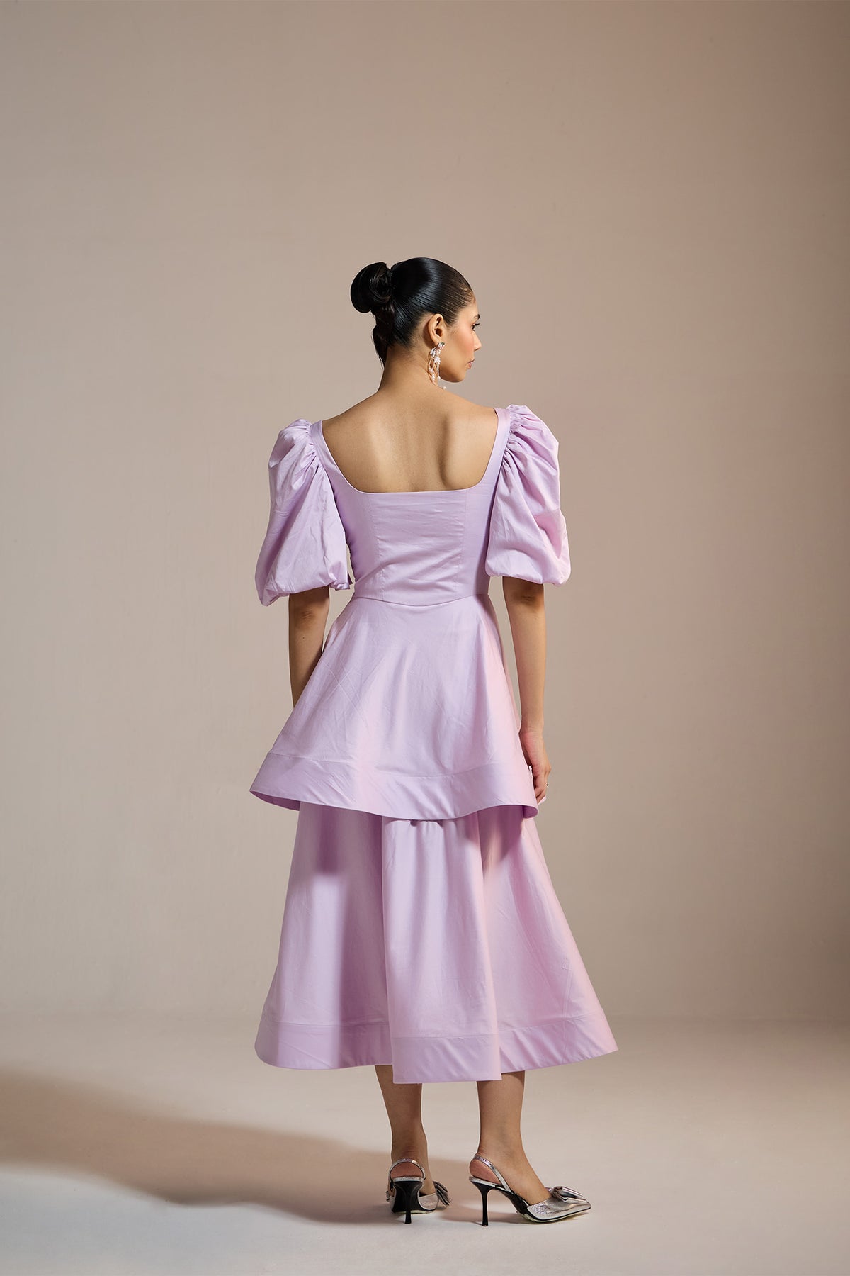 LILAC PEPLUM PUFF-SLEEVE DRESS