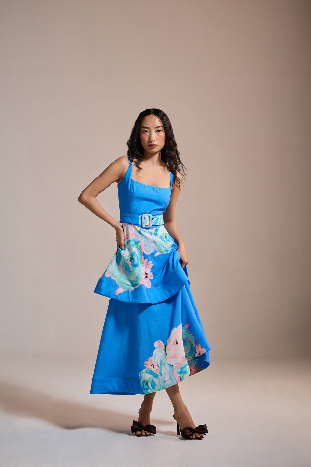 BLUE FLORAL BELTED ASYMMETRICAL DRESS