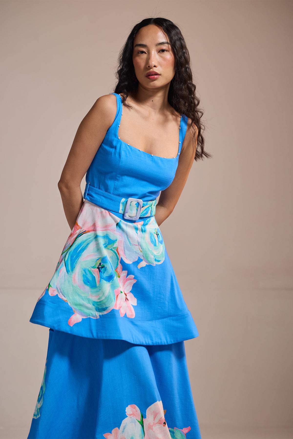 BLUE FLORAL BELTED ASYMMETRICAL DRESS