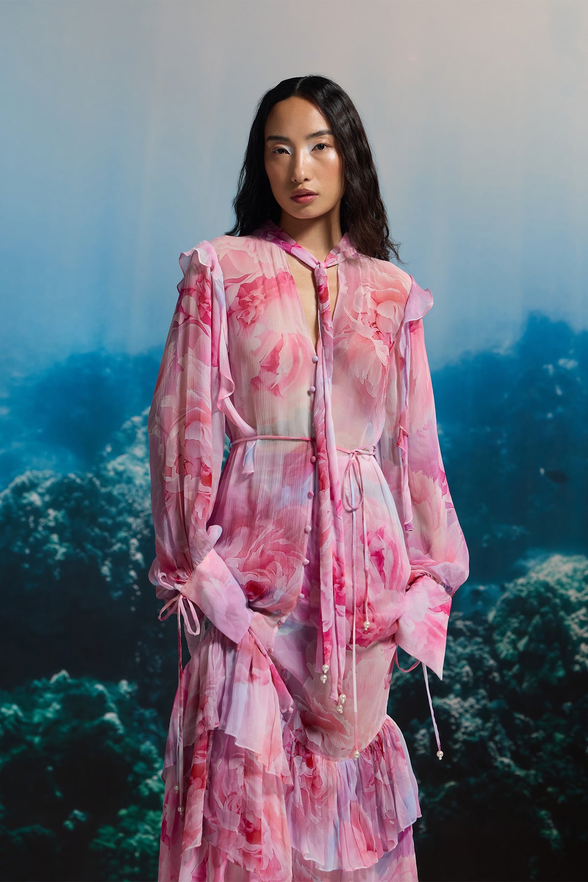 SHEER PINK CORAL RUFFLE DRESS