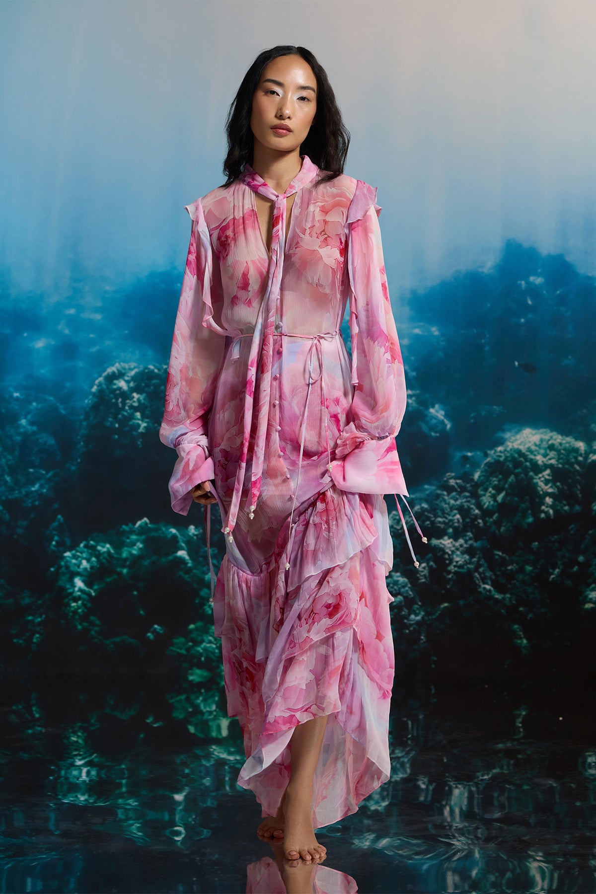 SHEER PINK CORAL RUFFLE DRESS