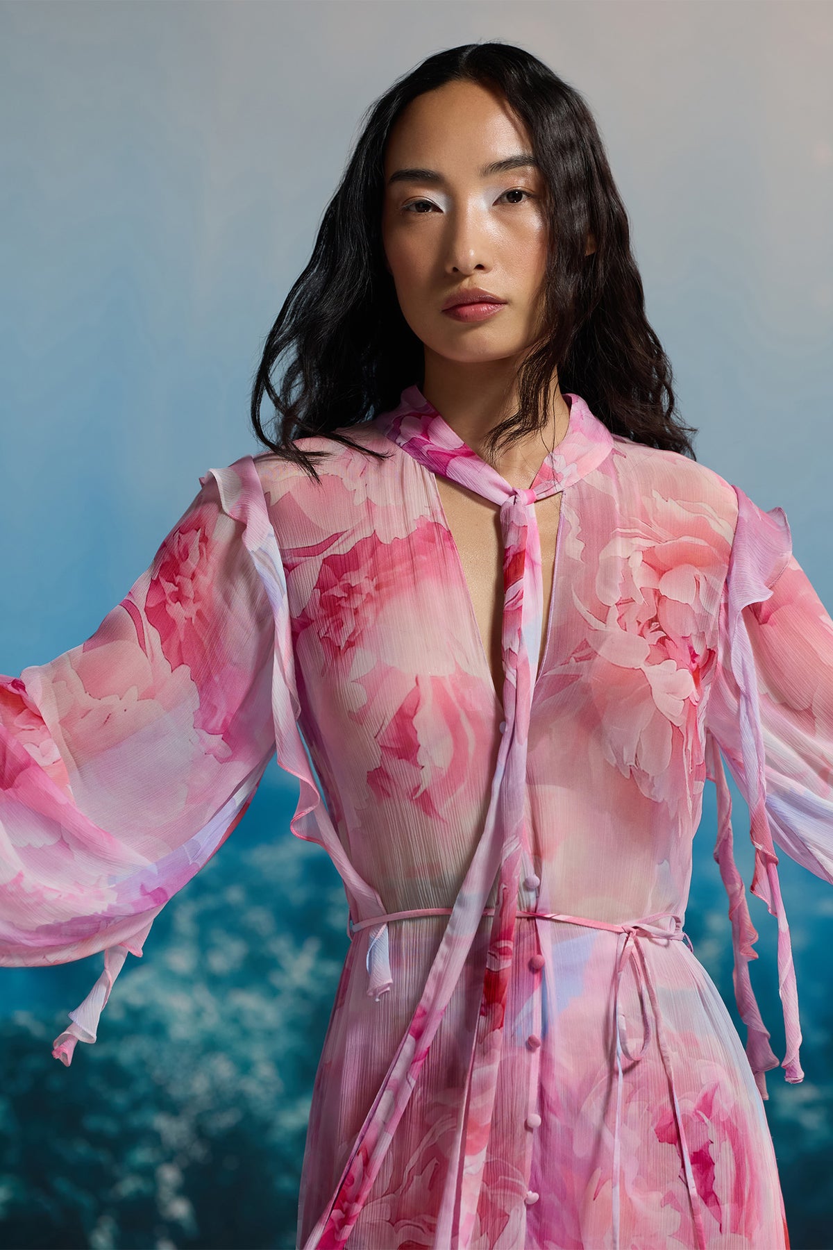 SHEER PINK CORAL RUFFLE DRESS