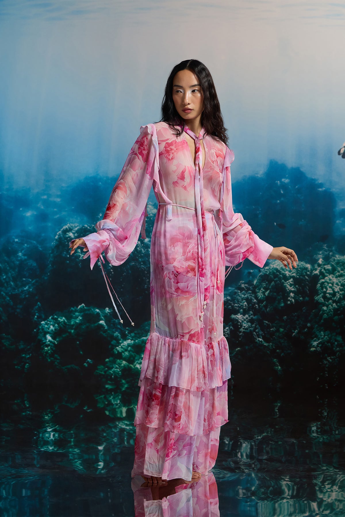 SHEER PINK CORAL RUFFLE DRESS