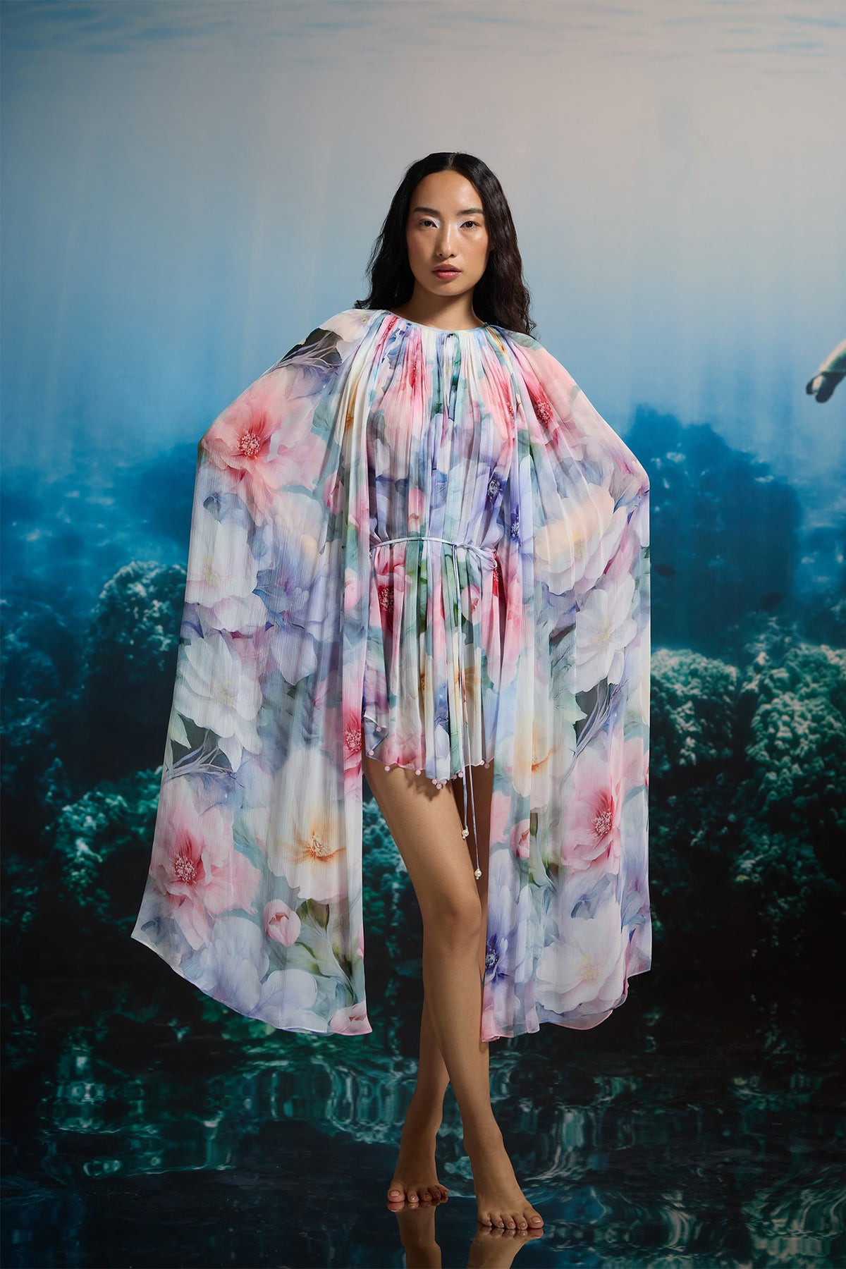 IRIDESCENT BLOOM CAPE DRESS