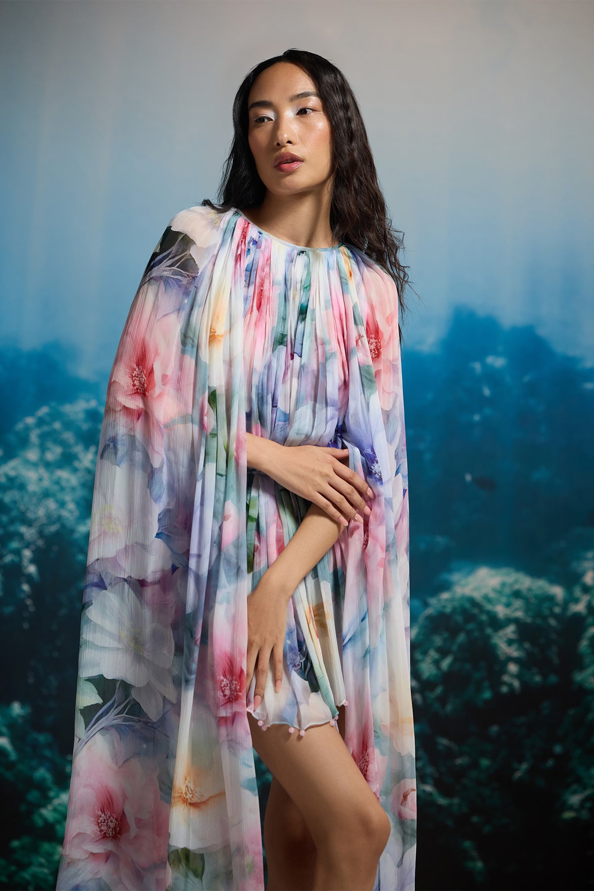 IRIDESCENT BLOOM CAPE DRESS