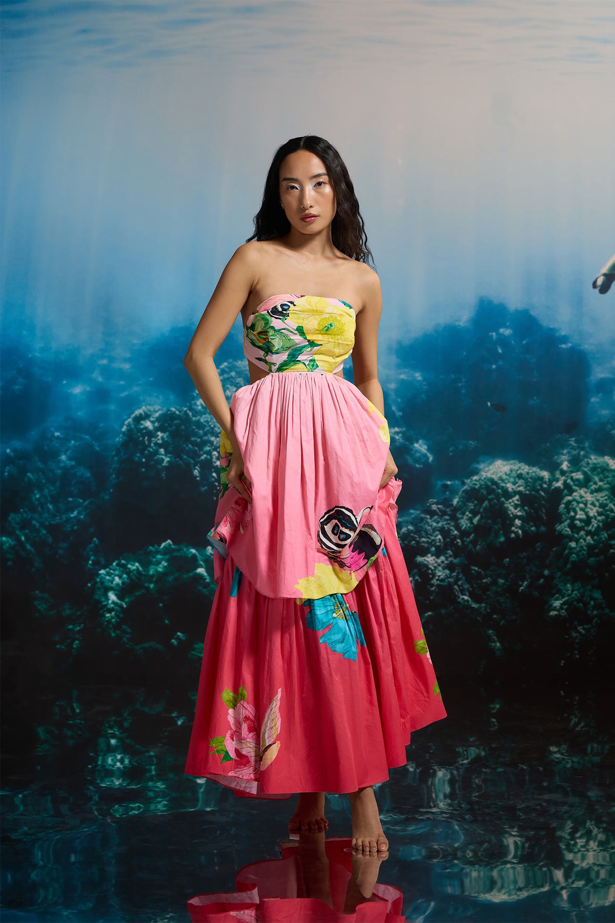 HIBISCUS SUNSET STRAPLESS DRESS