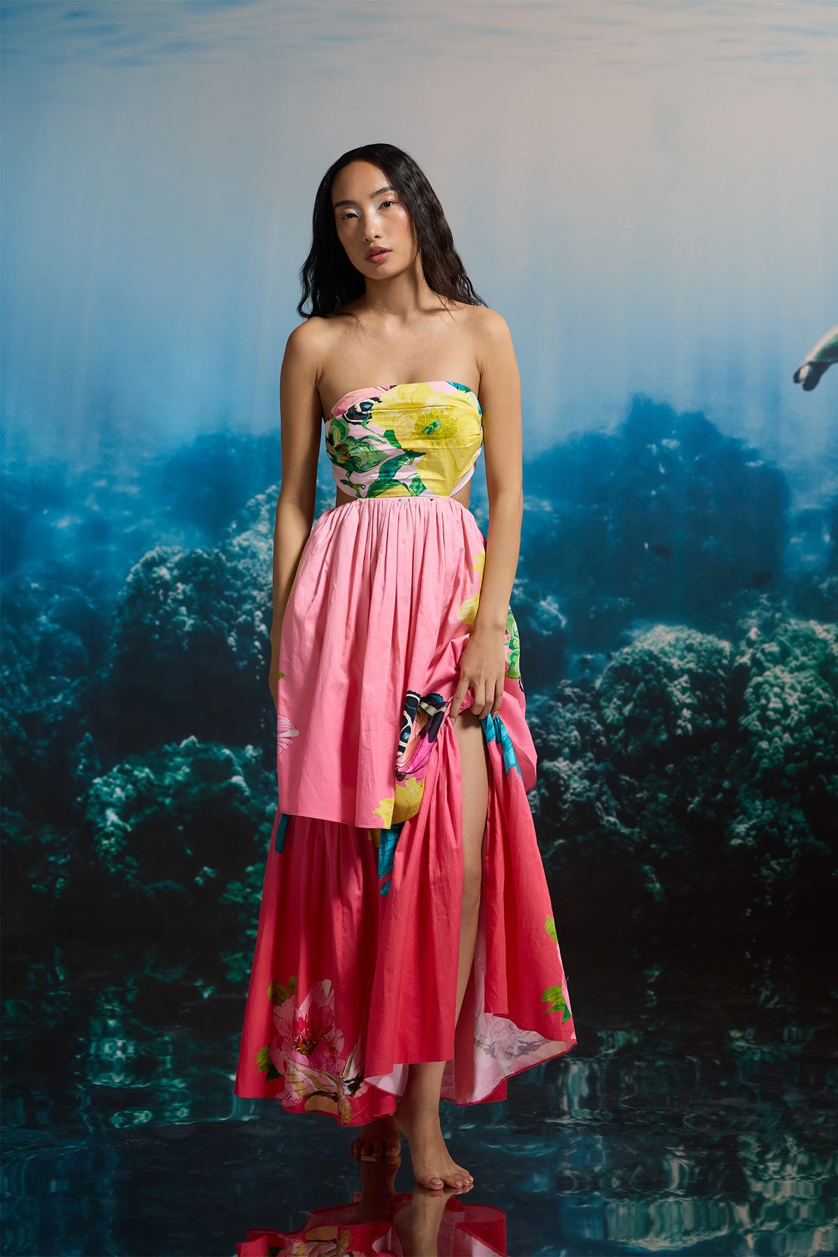 HIBISCUS SUNSET STRAPLESS DRESS