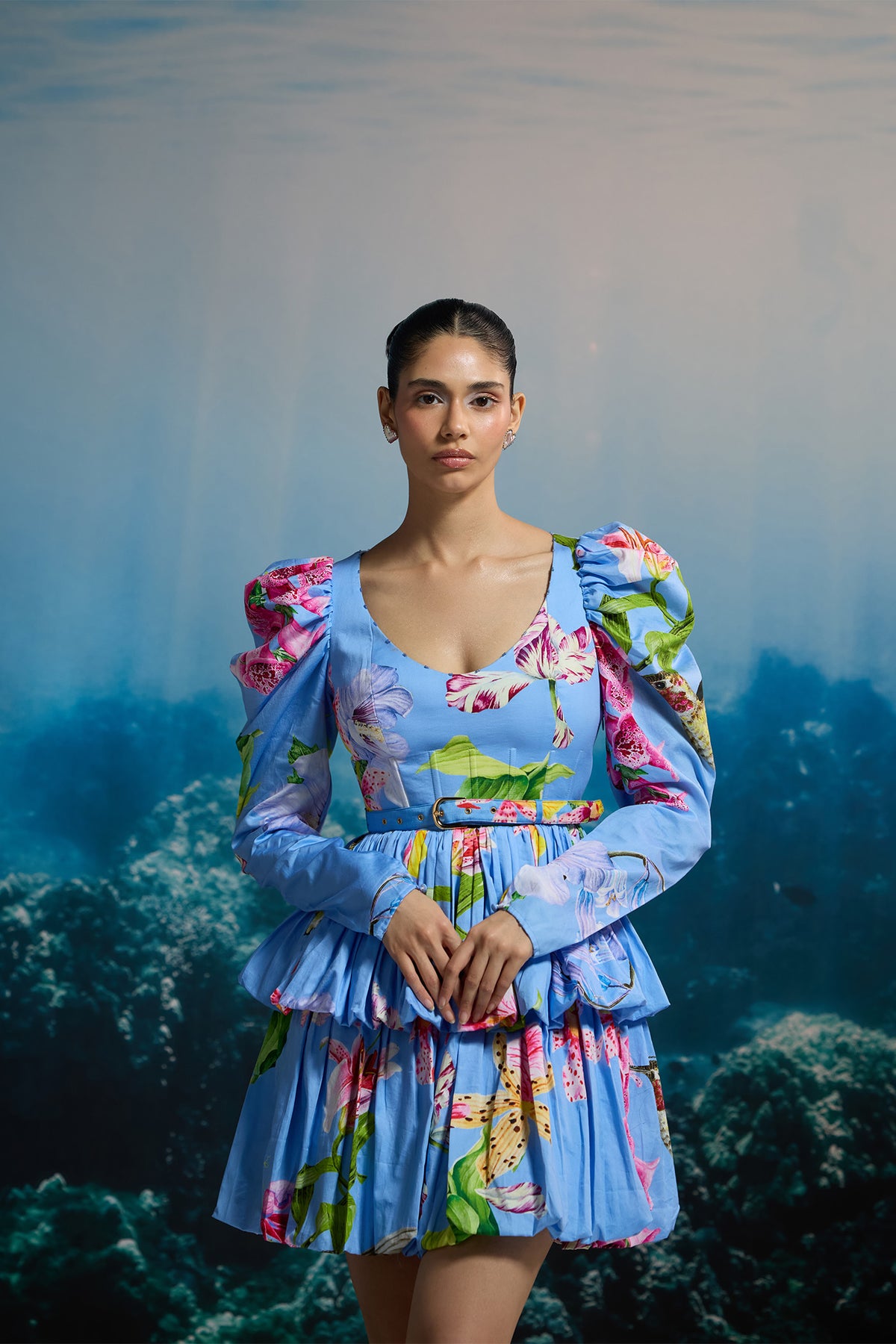 PUFF SLEEVE TIERED MINI DRESS IN BLUE ORCHID PRINT