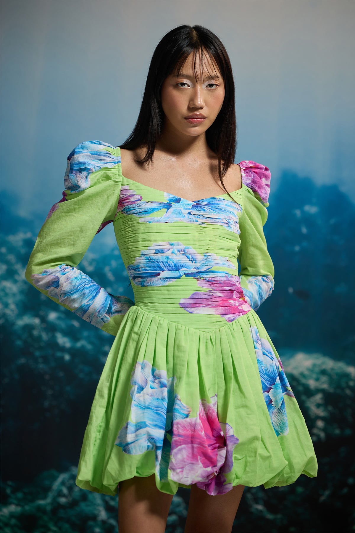 SPRING BLOOM RUCHED MINI DRESS