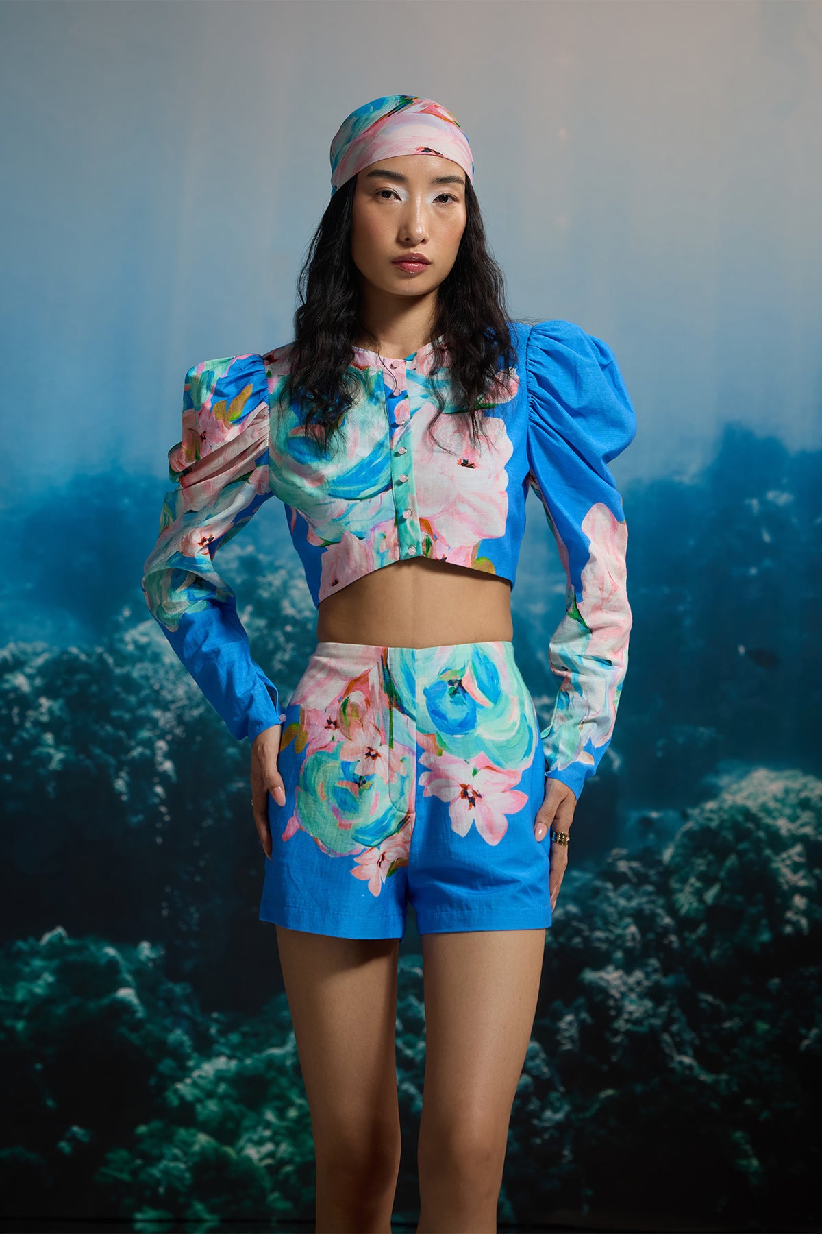 OCEAN BLOOM PUFF-SLEEVE CROP TOP
