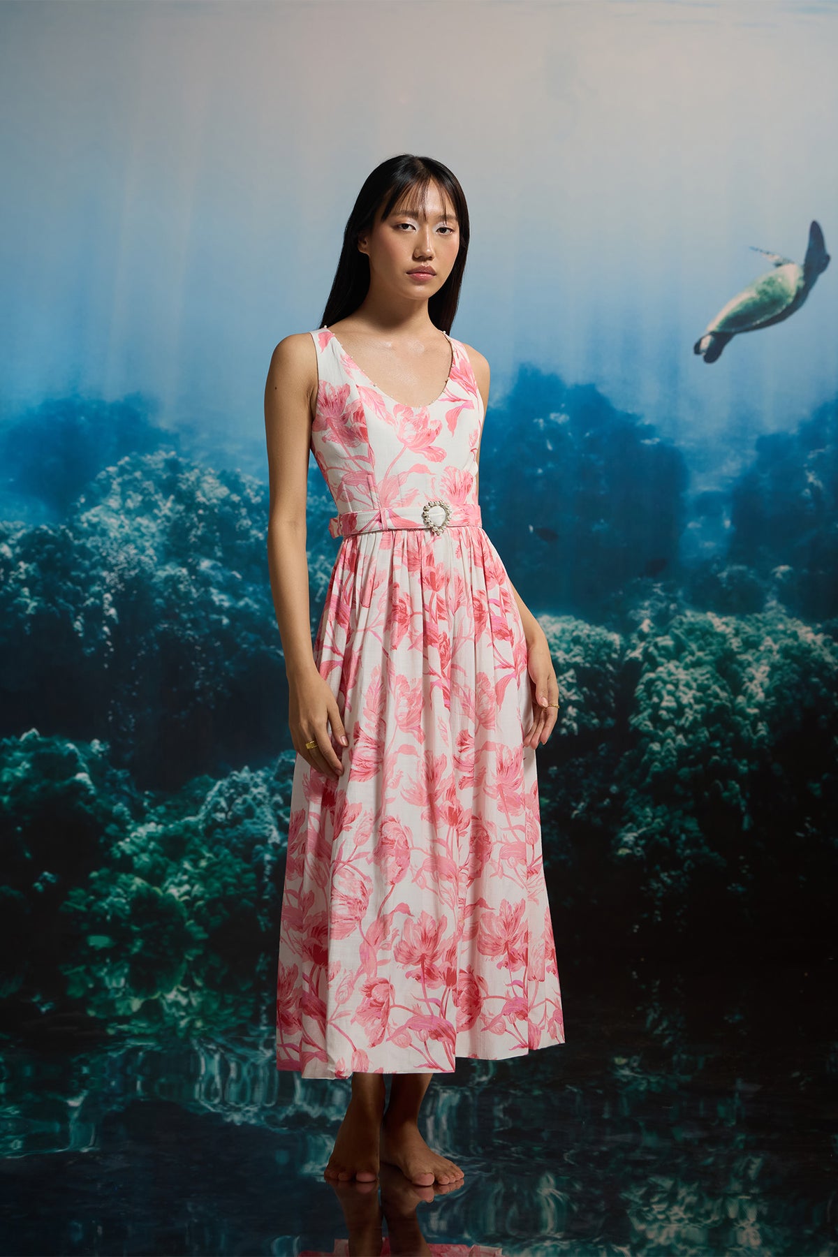 CORAL BLOOM BELTED MIDI DRESS