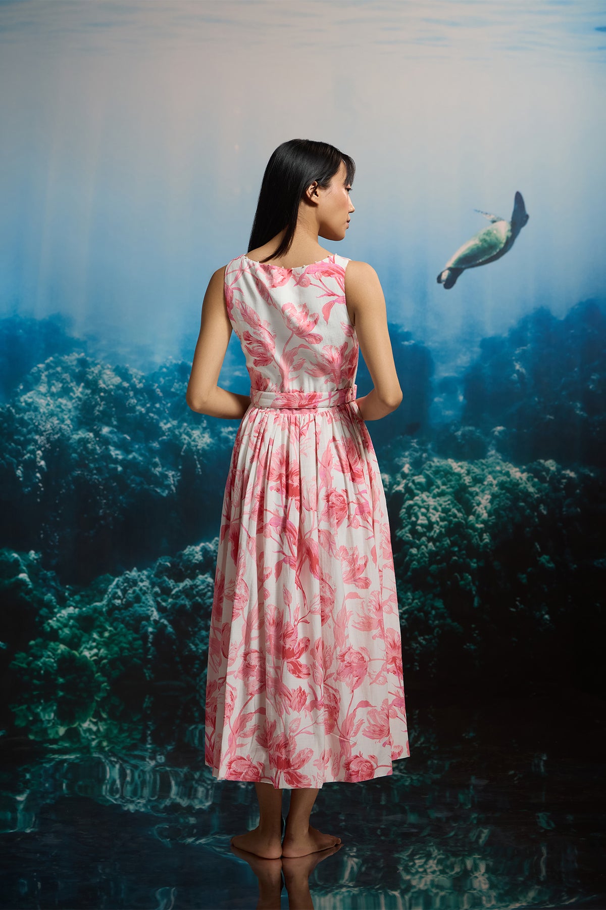 CORAL BLOOM BELTED MIDI DRESS