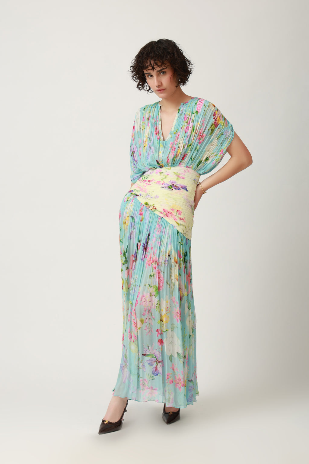 Aqua Floral Draped Pleated Maxi Dress