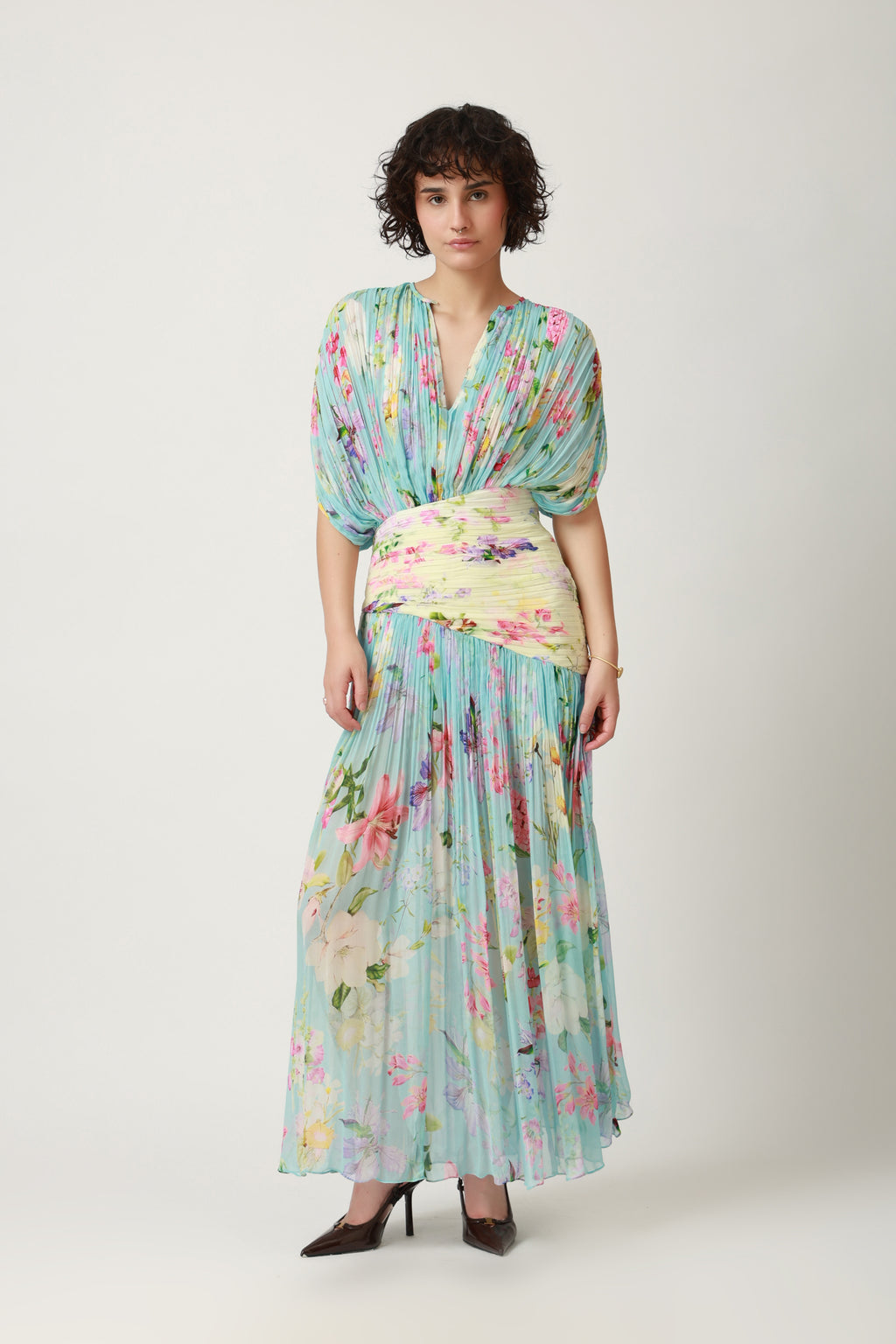Aqua Floral Draped Pleated Maxi Dress