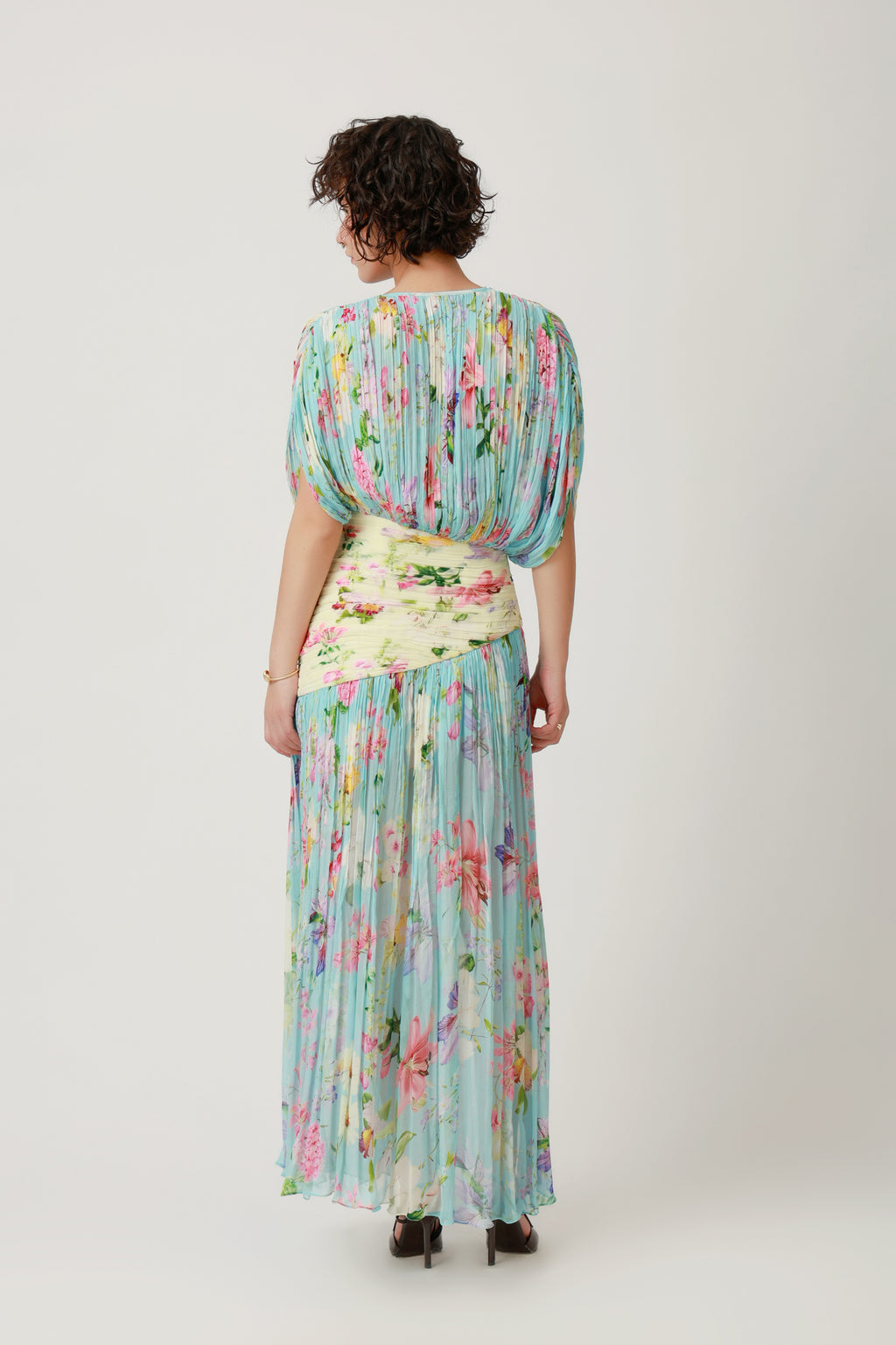 Aqua Floral Draped Pleated Maxi Dress