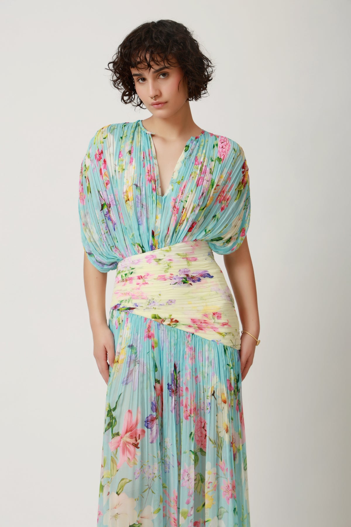 Aqua Floral Draped Pleated Maxi Dress