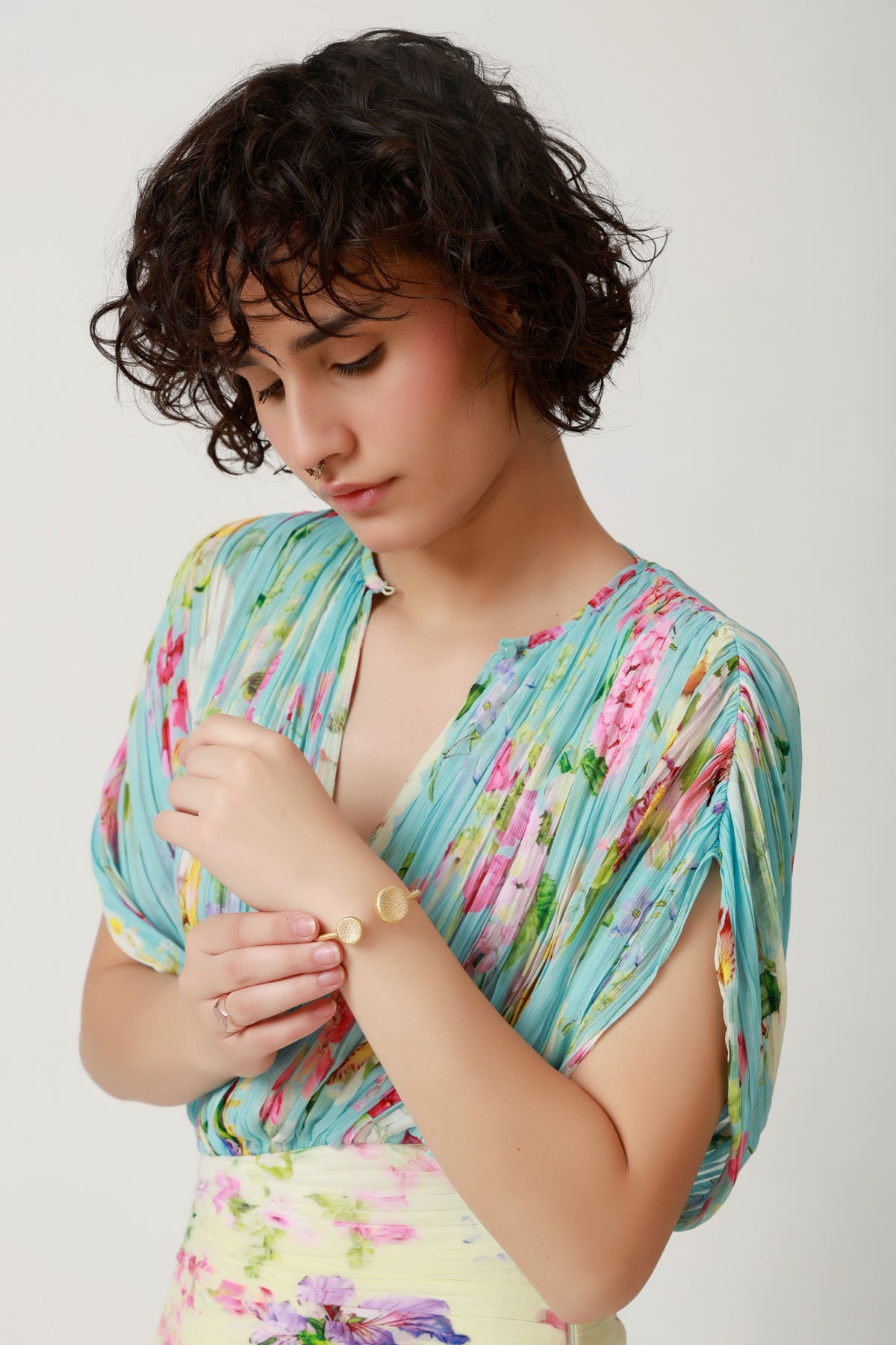 Aqua Floral Draped Pleated Maxi Dress
