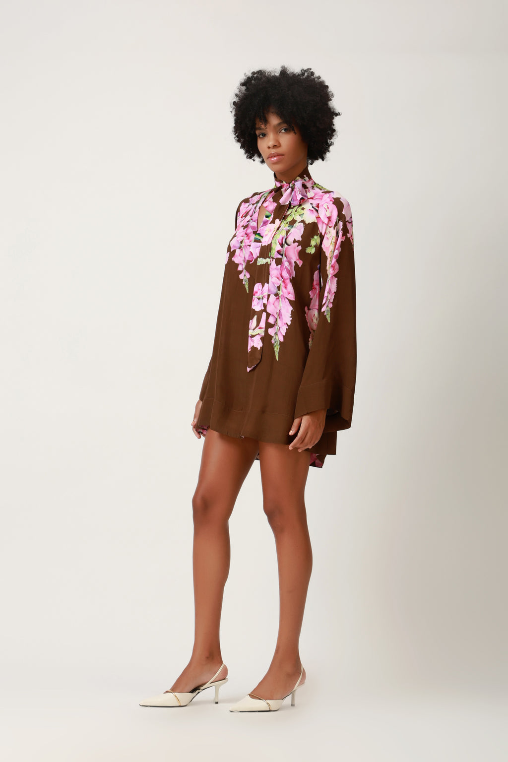Petal Noir Floral Tie-Neck Mini Dress