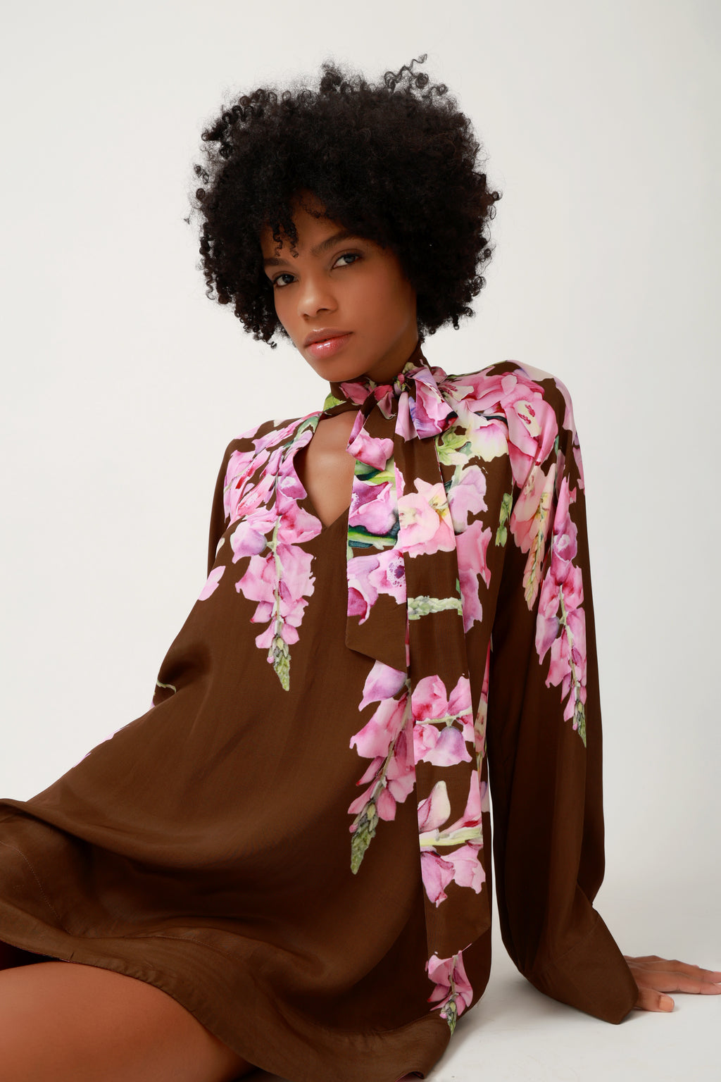 Petal Noir Floral Tie-Neck Mini Dress