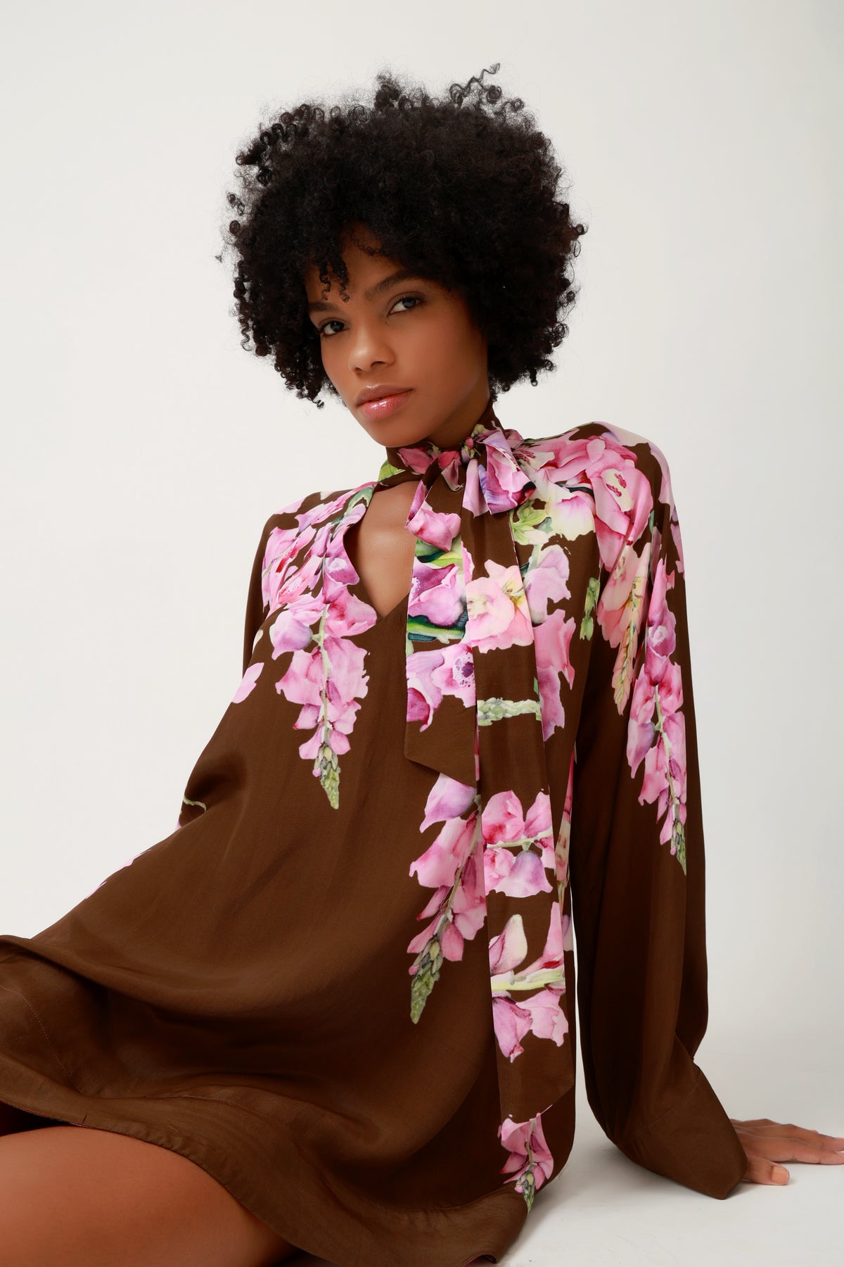 Petal Noir Floral Tie-Neck Mini Dress