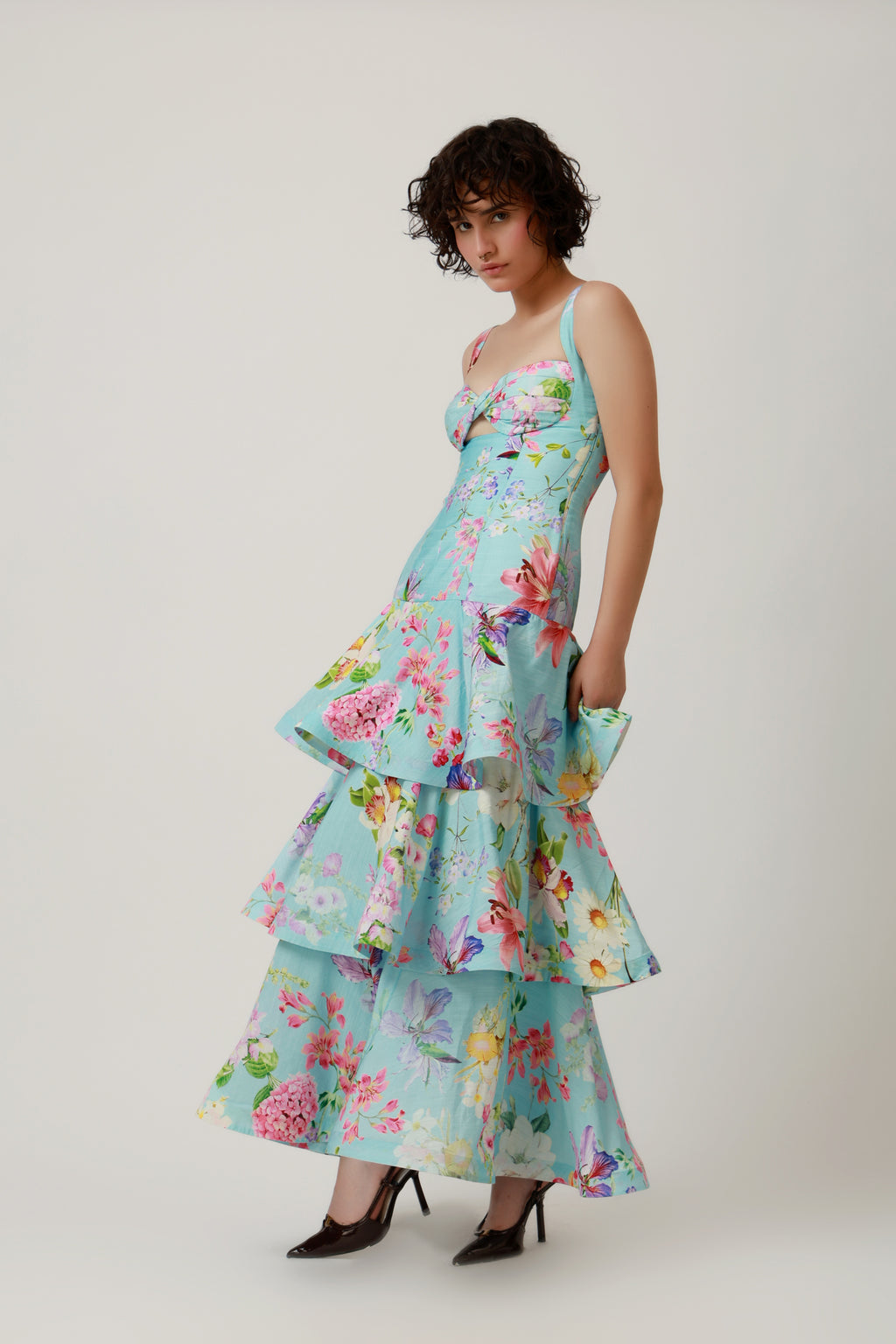 Aqua Floral Tiered Ruffle Maxi Dress