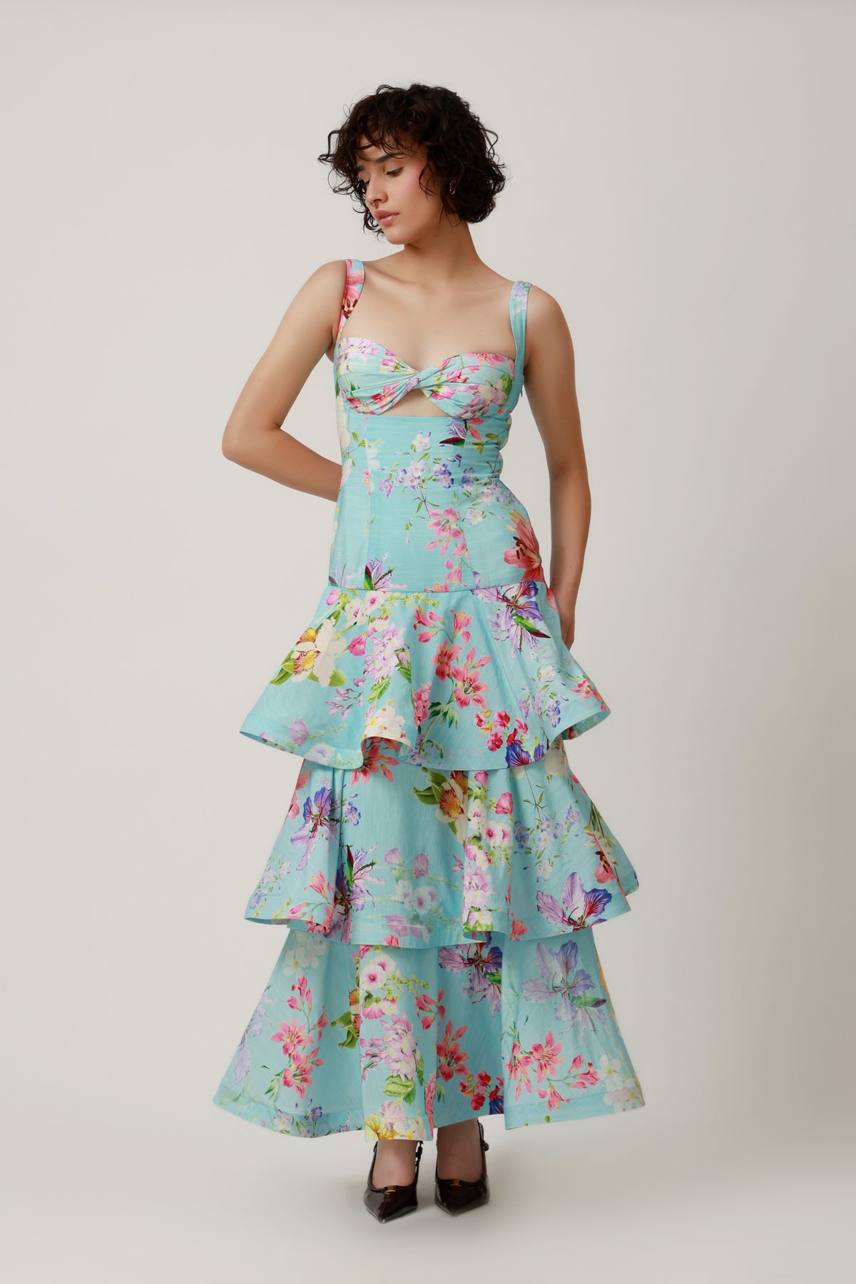 Aqua Floral Tiered Ruffle Maxi Dress