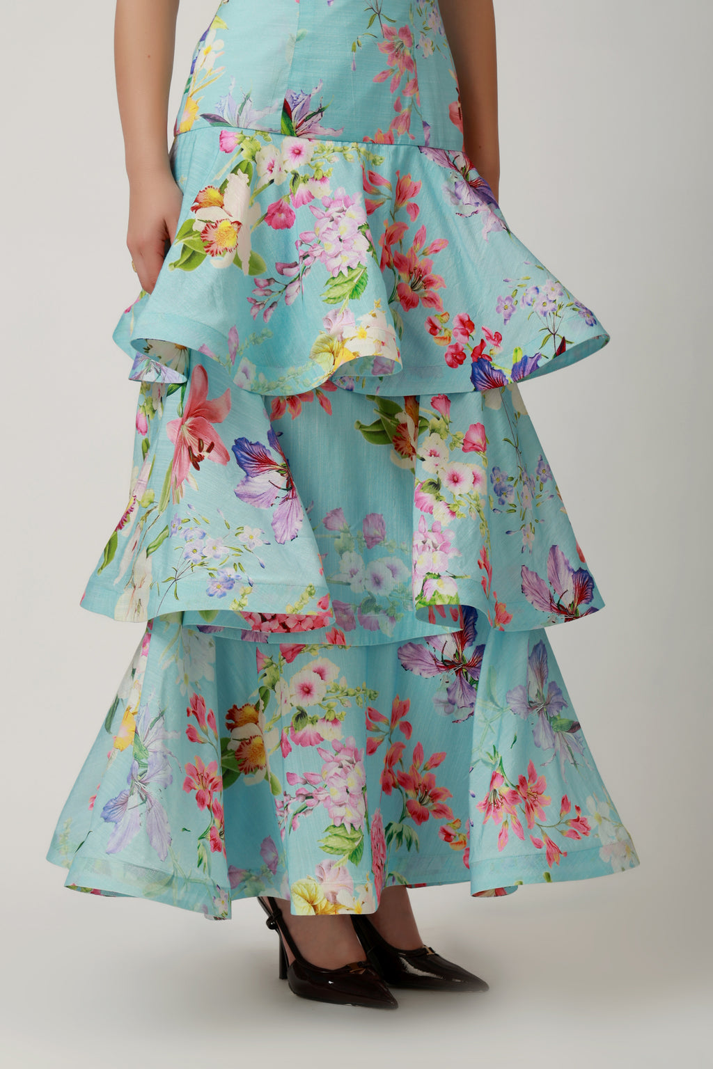 Aqua Floral Tiered Ruffle Maxi Dress
