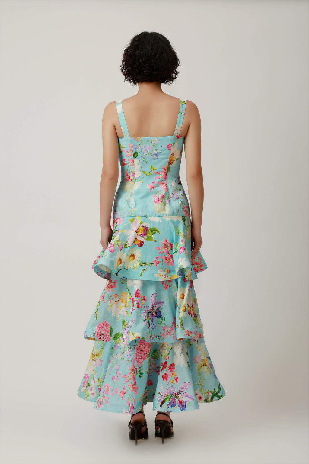 Aqua Floral Tiered Ruffle Maxi Dress