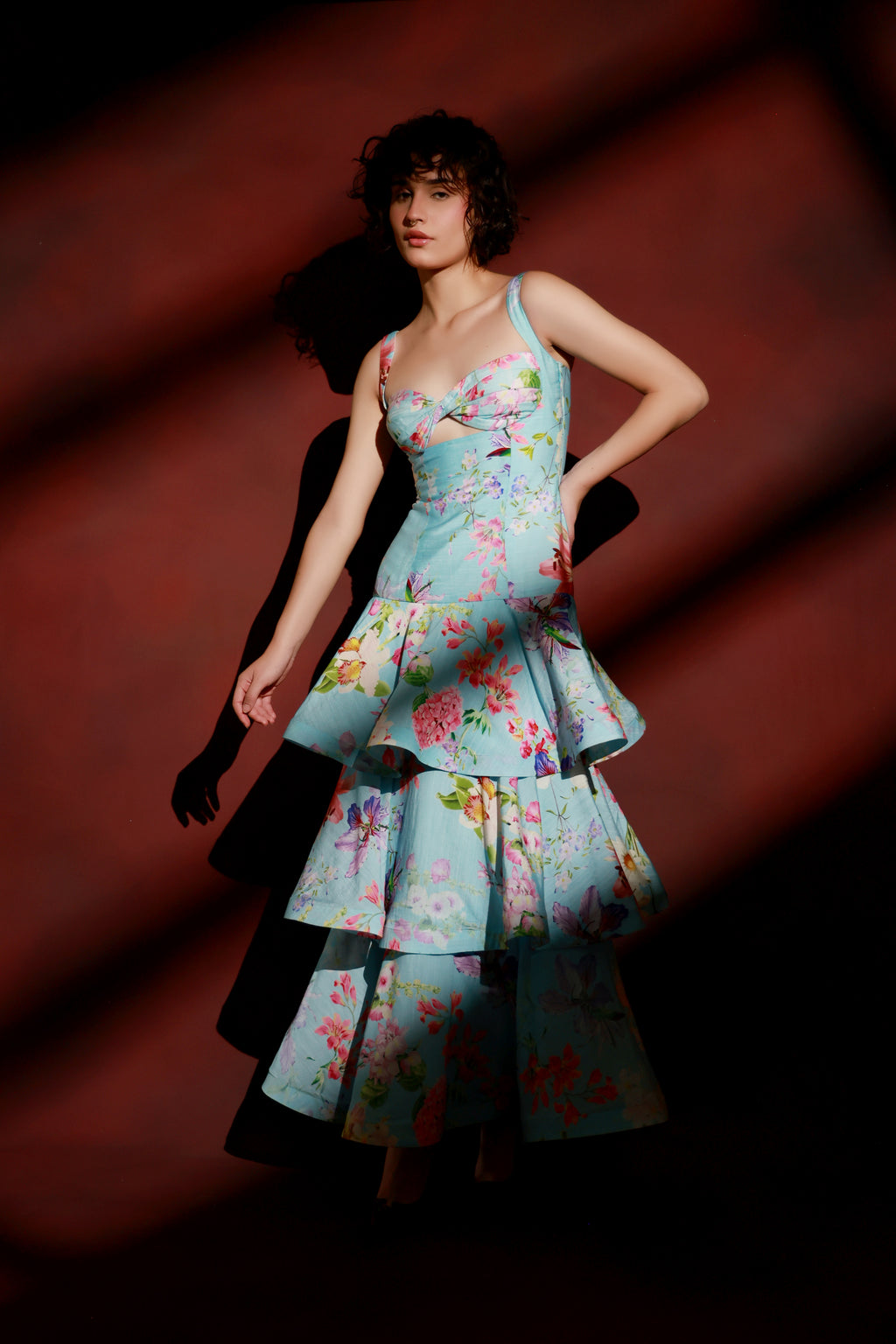 Aqua Floral Tiered Ruffle Maxi Dress