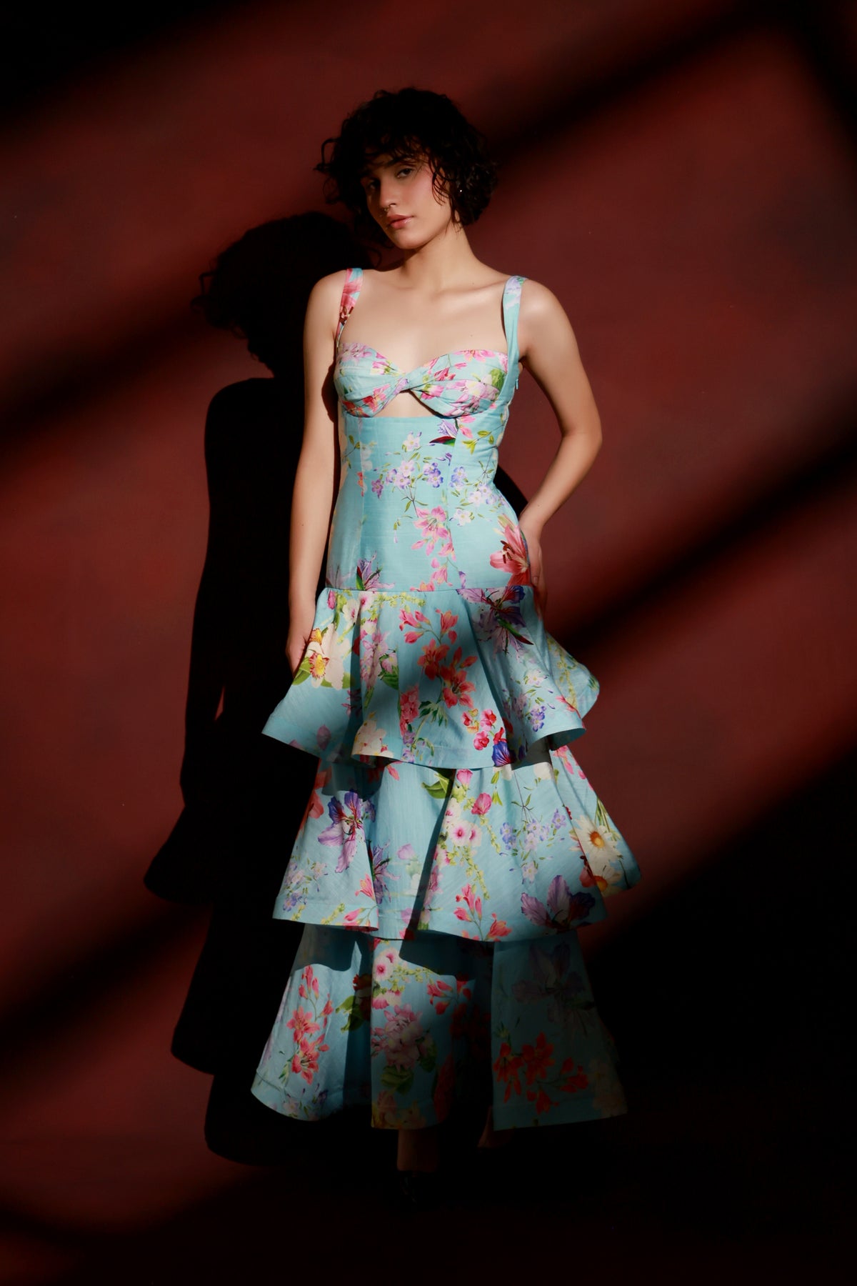 Aqua Floral Tiered Ruffle Maxi Dress