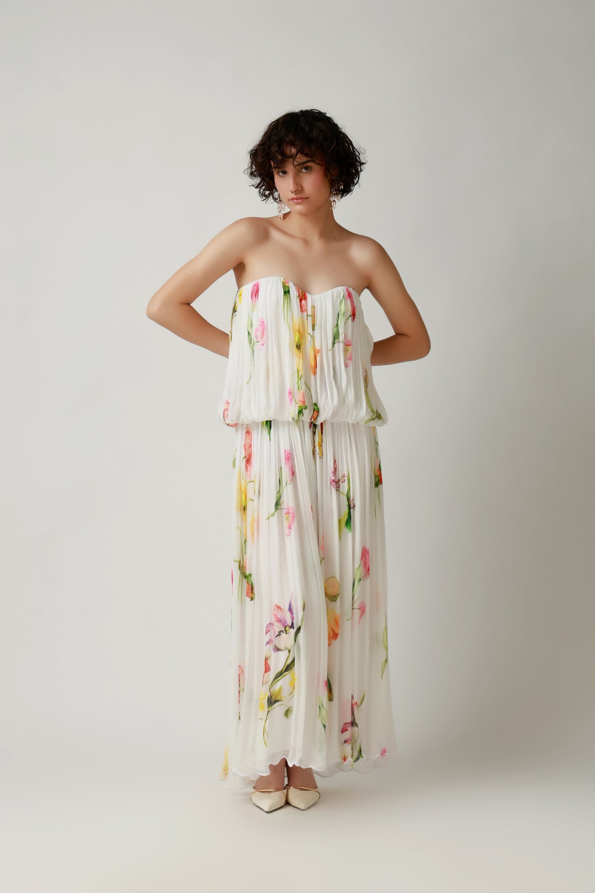 Ivory Garden Pleated Strapless Maxi Dress