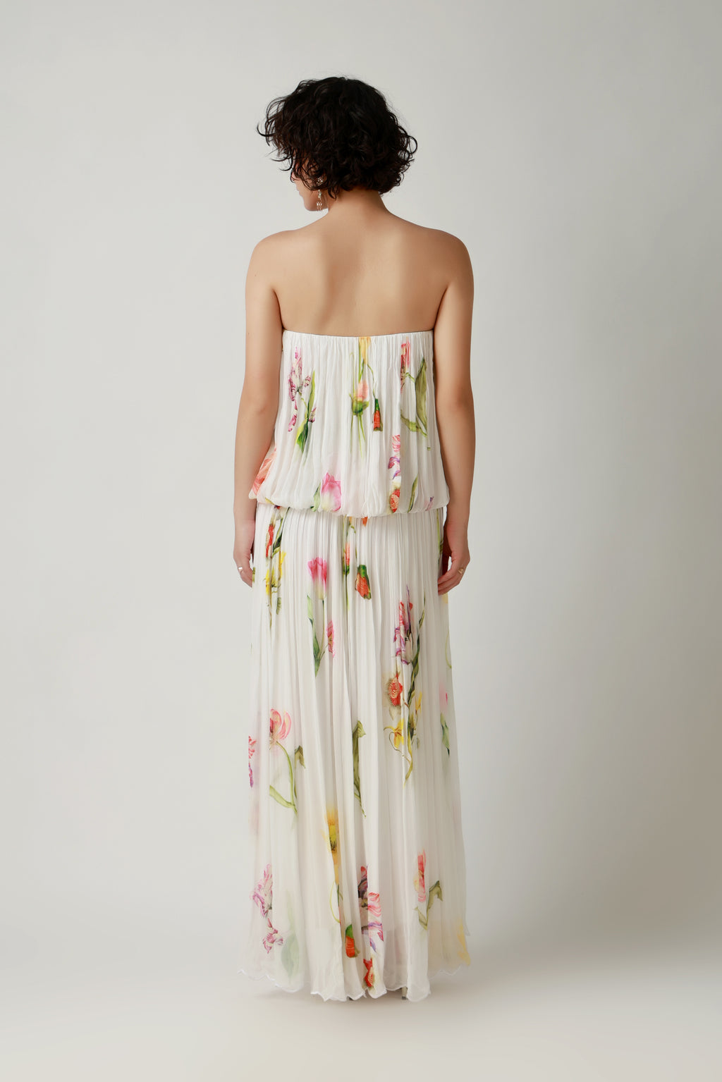Ivory Garden Pleated Strapless Maxi Dress