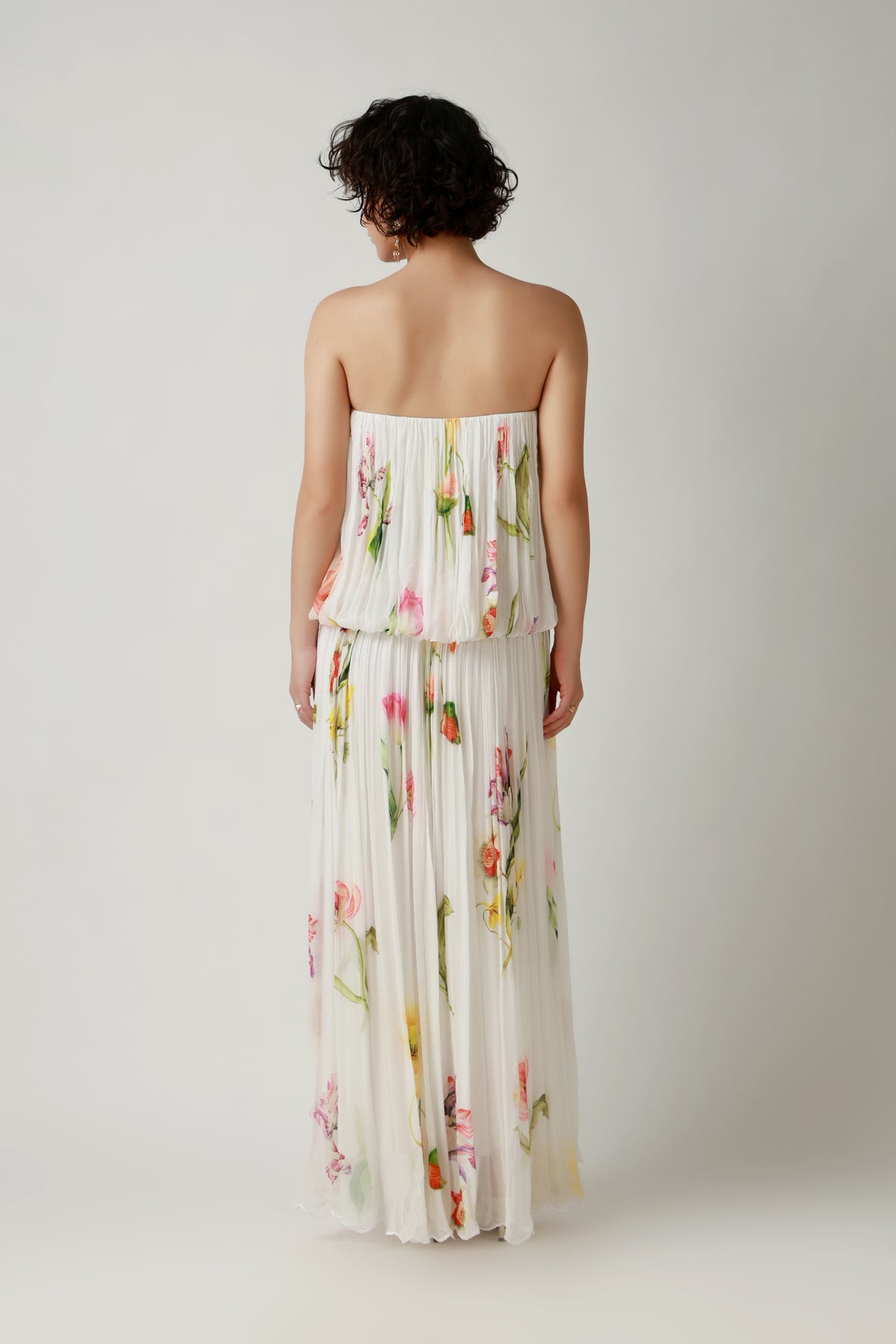 Ivory Garden Pleated Strapless Maxi Dress