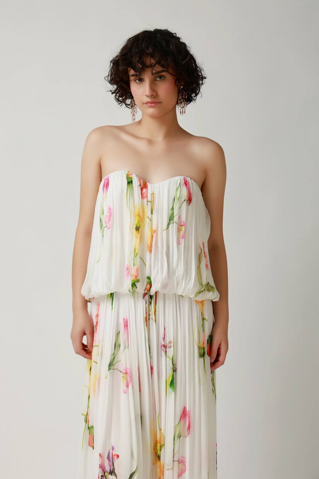 Ivory Garden Pleated Strapless Maxi Dress