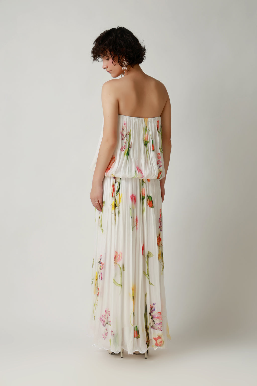 Ivory Garden Pleated Strapless Maxi Dress