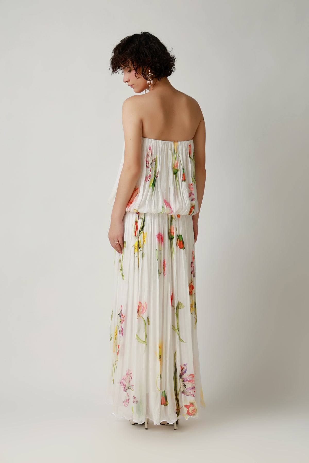 Ivory Garden Pleated Strapless Maxi Dress