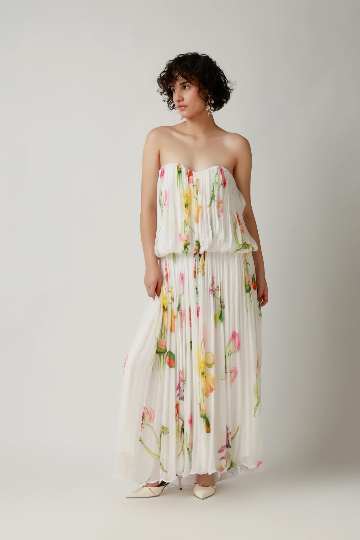 Ivory Garden Pleated Strapless Maxi Dress