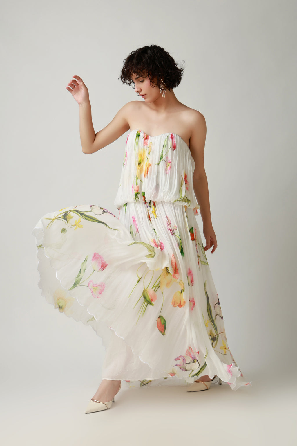 Ivory Garden Pleated Strapless Maxi Dress