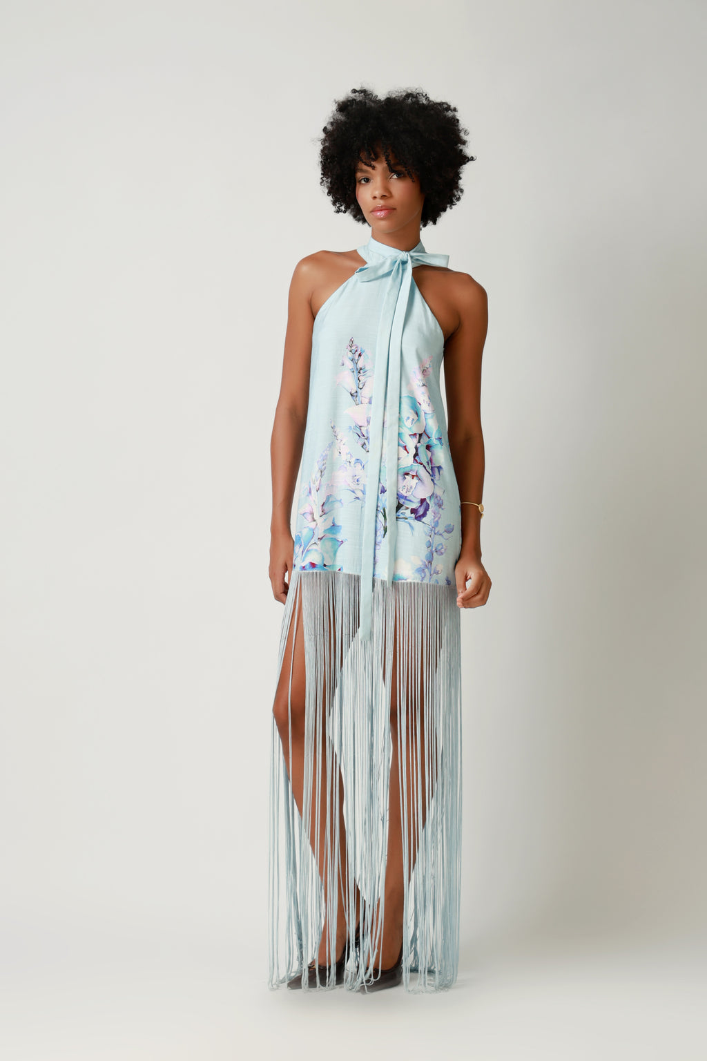 Seafoam Cascade Fringe Halter Dress