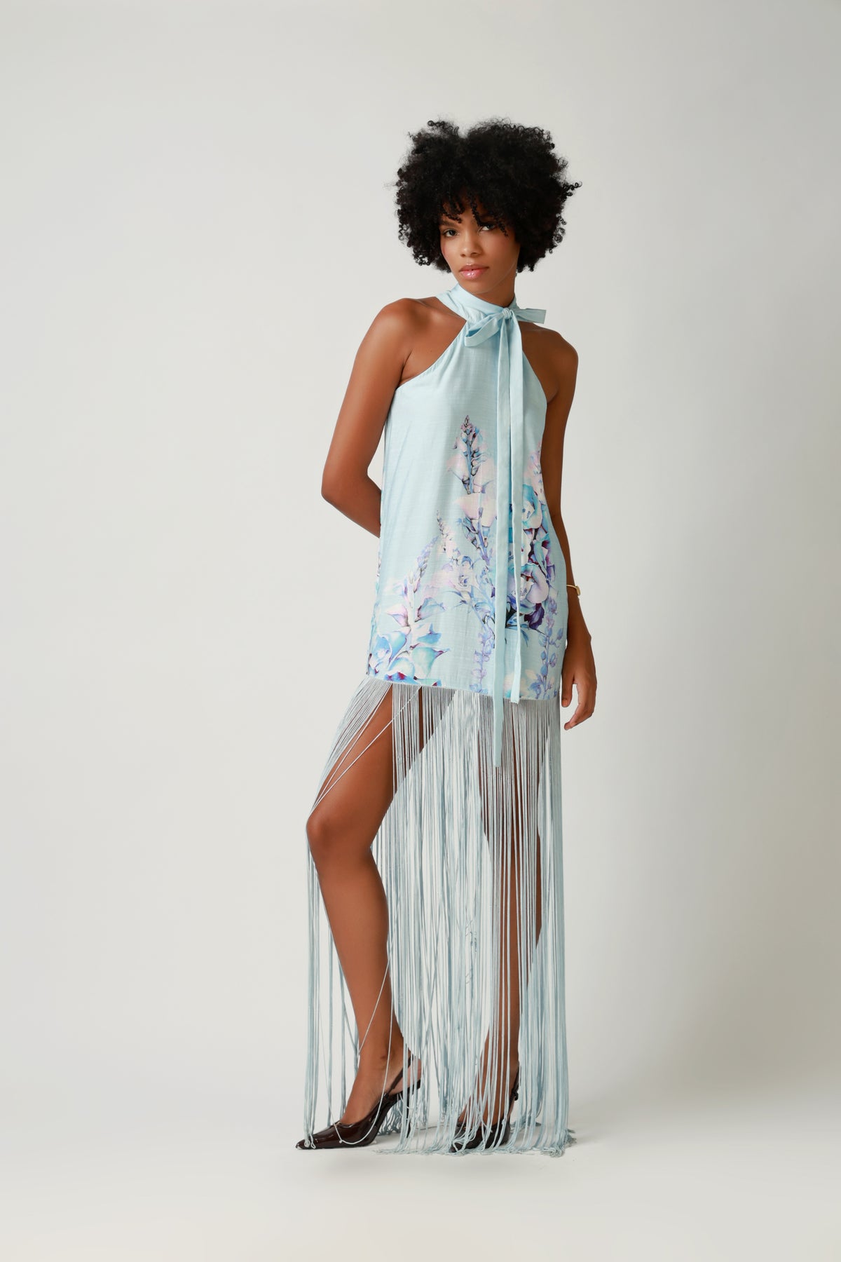 Seafoam Cascade Fringe Halter Dress