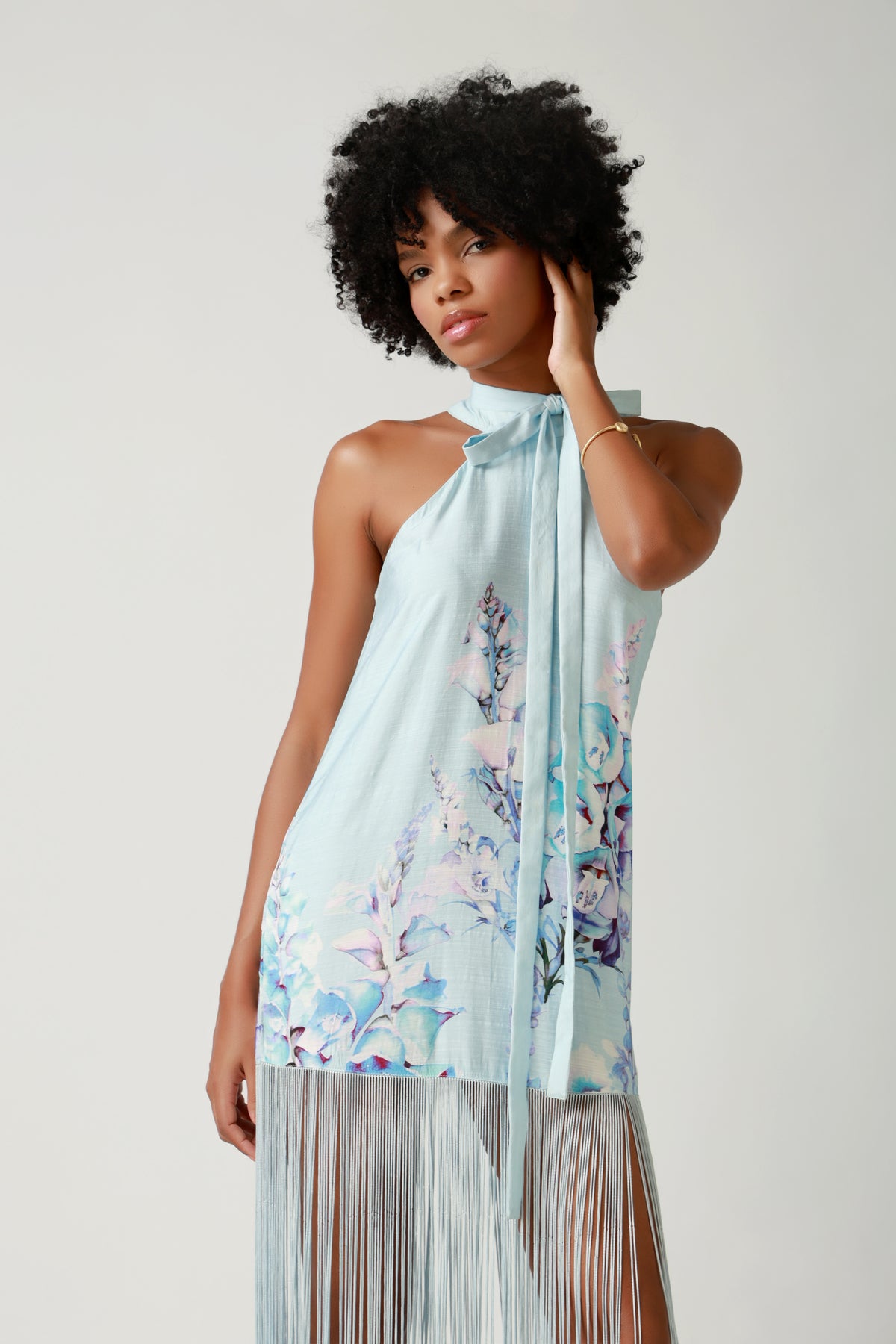 Seafoam Cascade Fringe Halter Dress