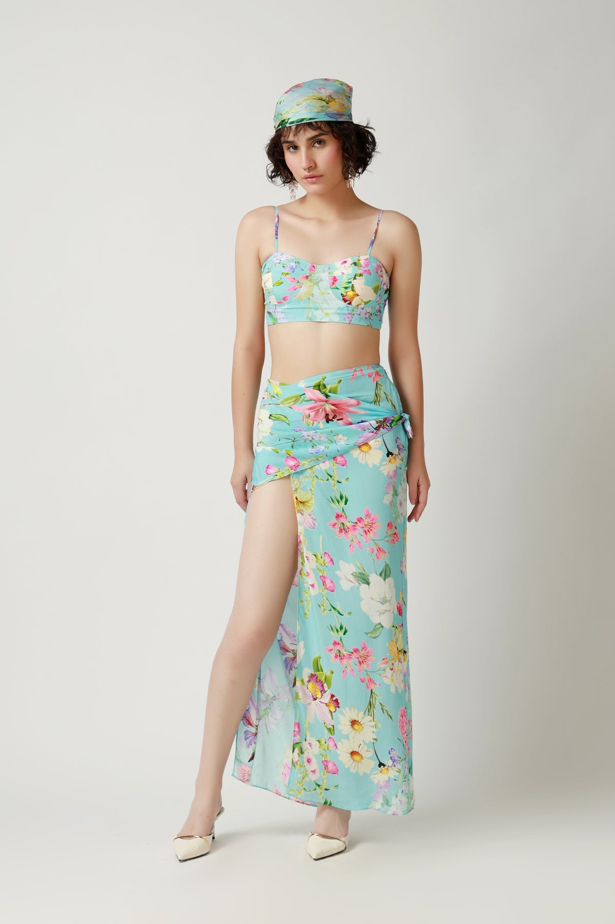 Aqua Floral Draped Co-Ord Set